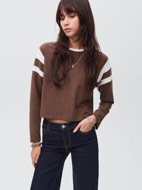 Mango Contrasting Collar Cotton Long Sleeve T-Shirt Brown and White Womens Small